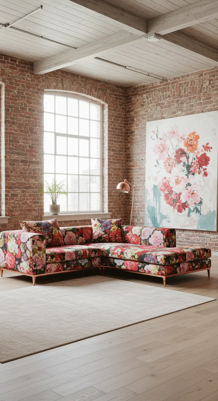 Industrial loft with exposed brick walls and a large, colorful floral sectional sofa.
