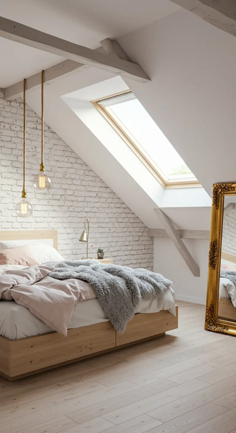 Bright attic bedroom with whitewashed brick, a skylight, and a large ornate gold mirror.