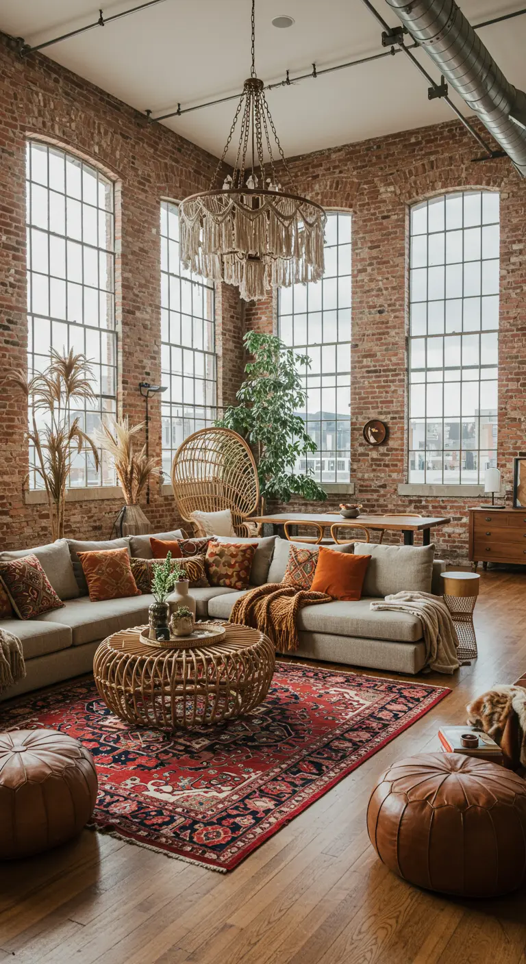 Loft living room with brick walls, a large macrame chandelier, and a Persian rug.