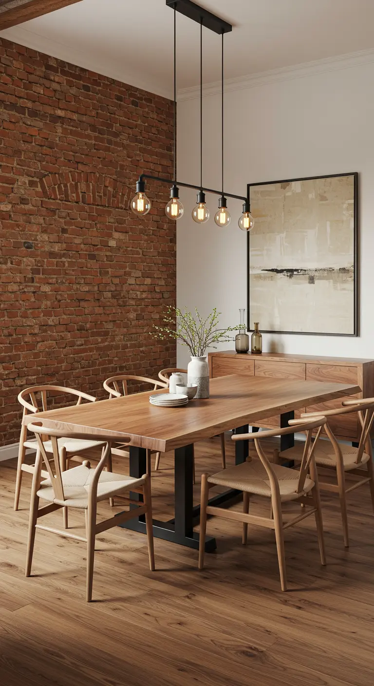 Dining room with an exposed brick wall, wood table, and woven chairs.