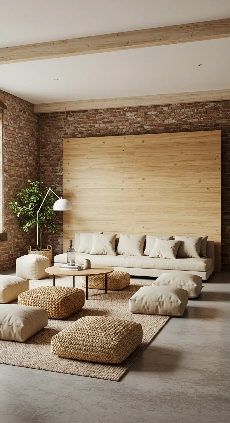 A living room with a brick wall, a large wood panel, and woven floor cushions.