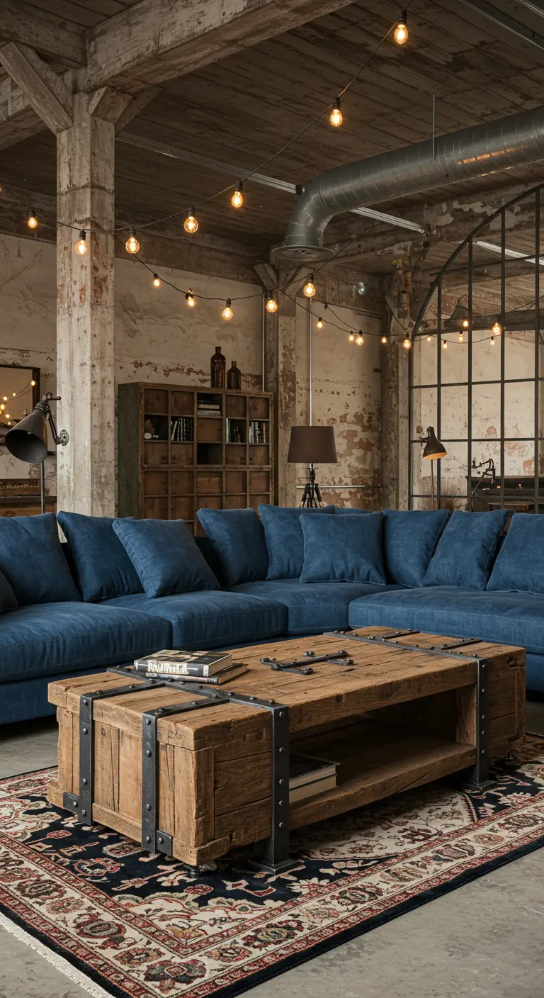 An industrial loft with a large, plush blue sectional sofa and string lights overhead.