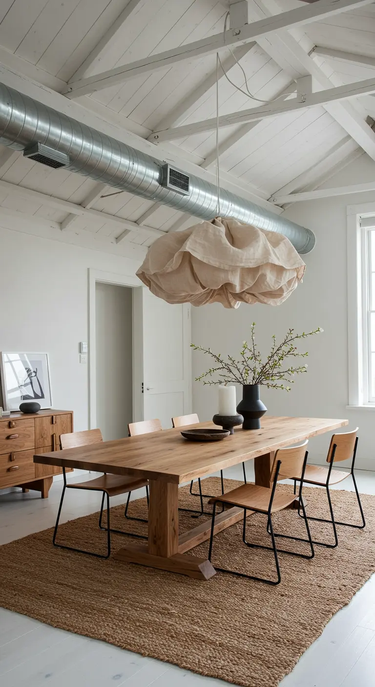 Industrial-style dining room softened by a large, cloud-like fabric pendant light.