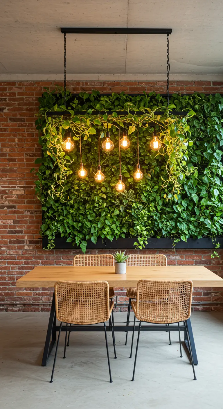 Dining area with a large living green wall behind a wood table with rattan chairs.