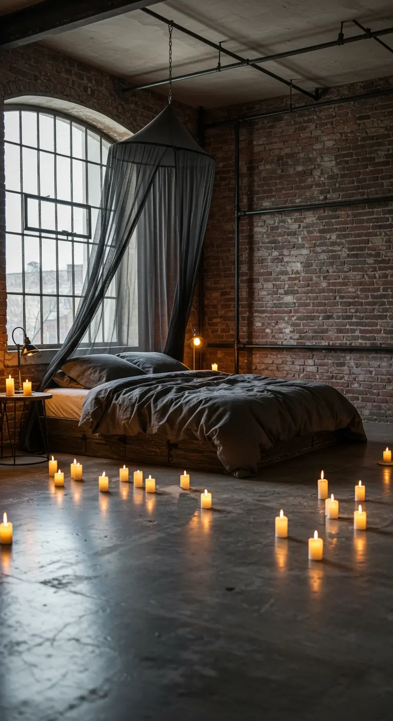 Industrial loft bedroom with a brick wall, suspended grey canopy, and candles.