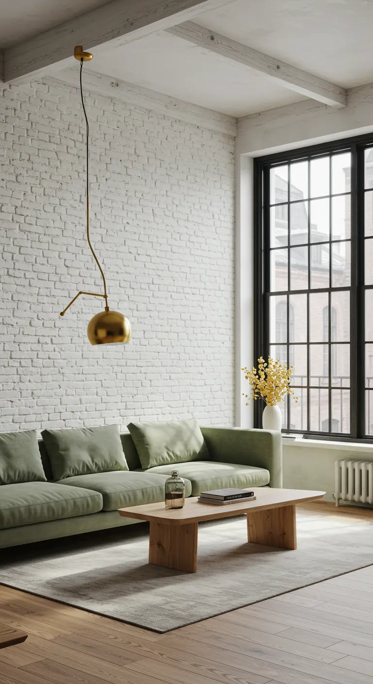 A sage green sofa and brass pendant light against a whitewashed brick wall and black factory window.
