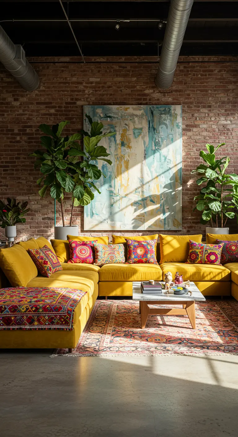 Yellow velvet sectional against an exposed brick wall in a sunny industrial loft.