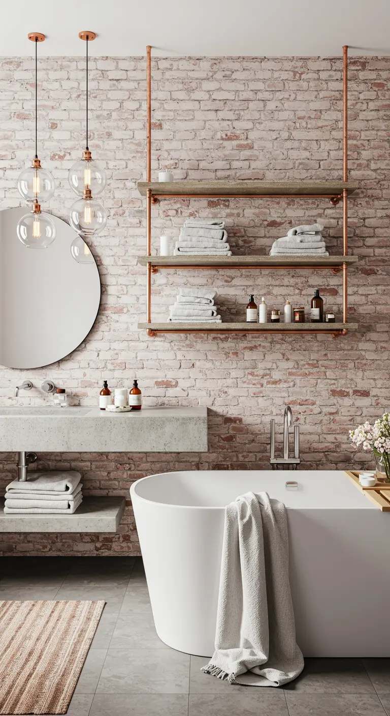 A bathroom with whitewashed brick, copper pipe shelving, a freestanding tub, and a round mirror.
