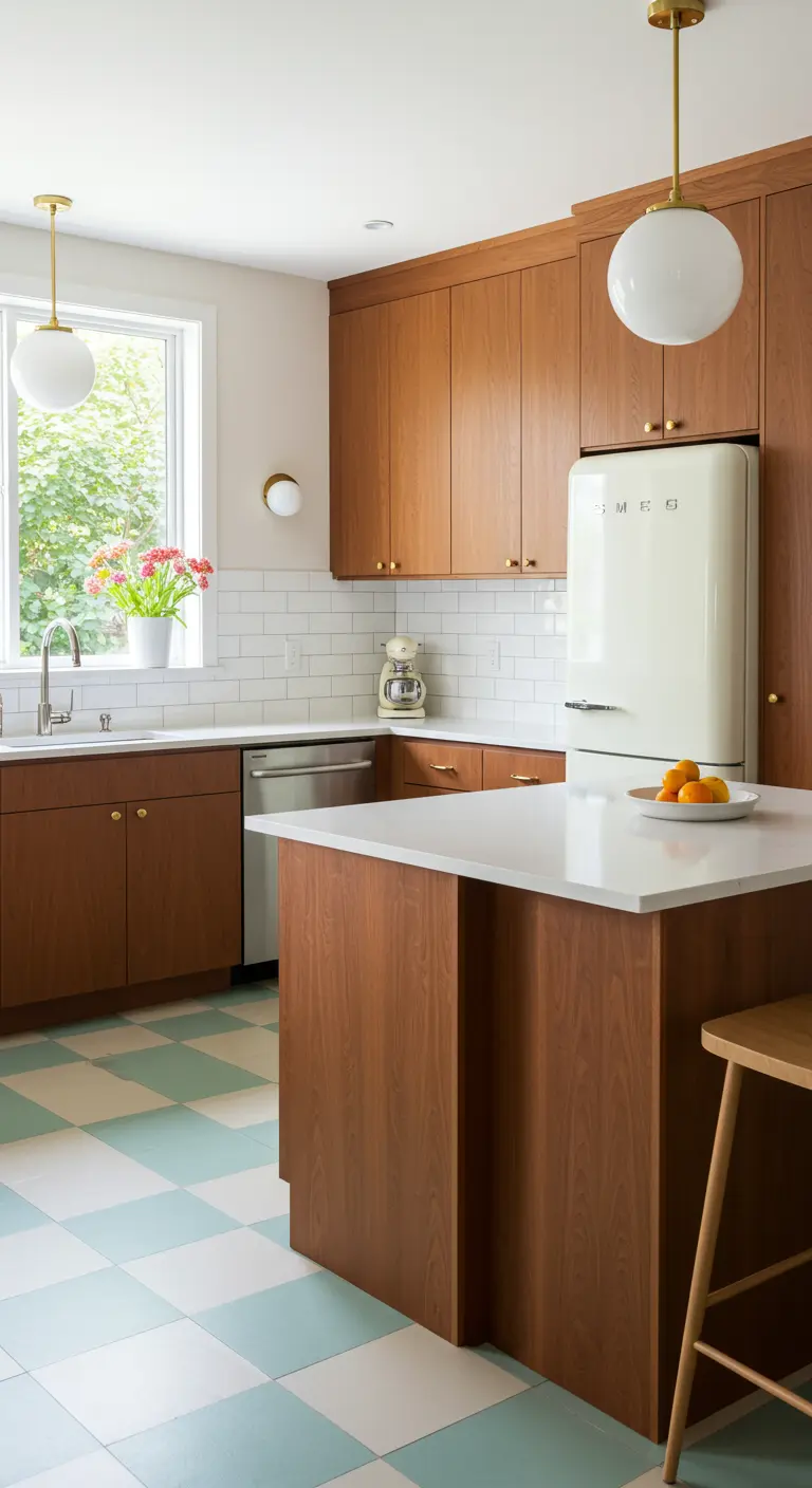 Mid-century kitchen with wood cabinets, a mint green checkerboard floor, and a retro cream fridge.