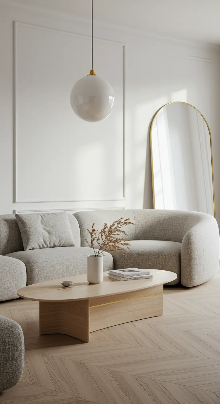A minimal living room with a light gray curved sofa and a large arched mirror.