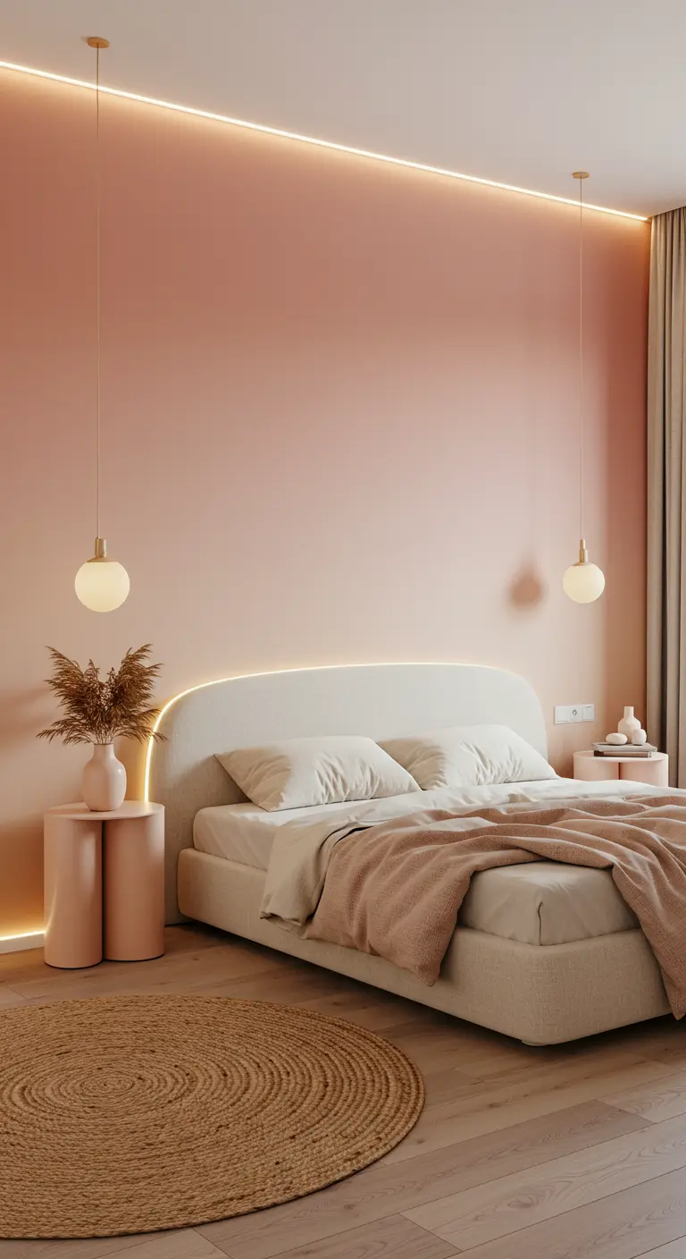 Soft pink bedroom with a curved, fabric-covered bed and a round jute rug.