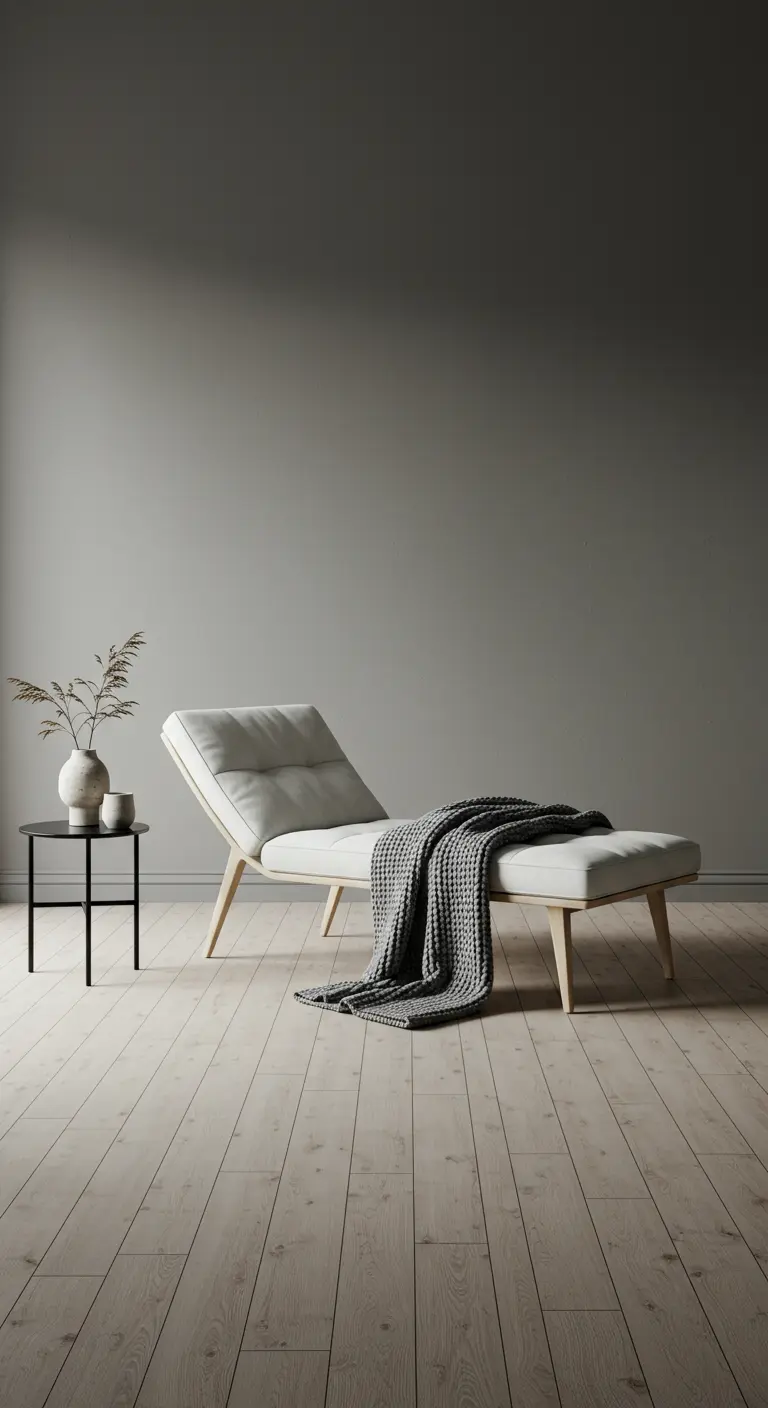 Minimalist white chaise with a grey throw blanket on light wood floors in a pale grey room.