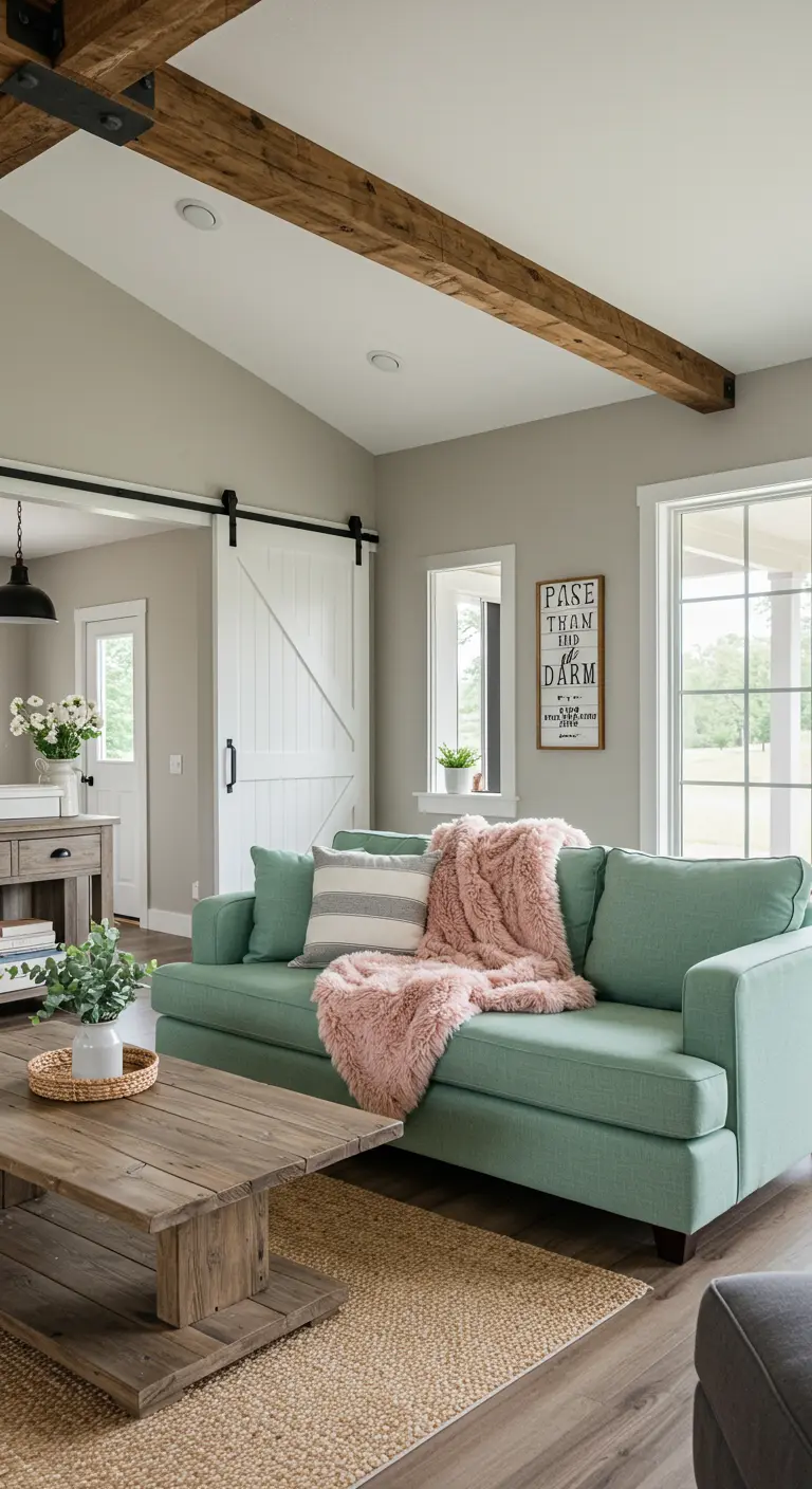 A modern farmhouse living room with a mint sofa, a fluffy pink throw, and exposed wood beams.