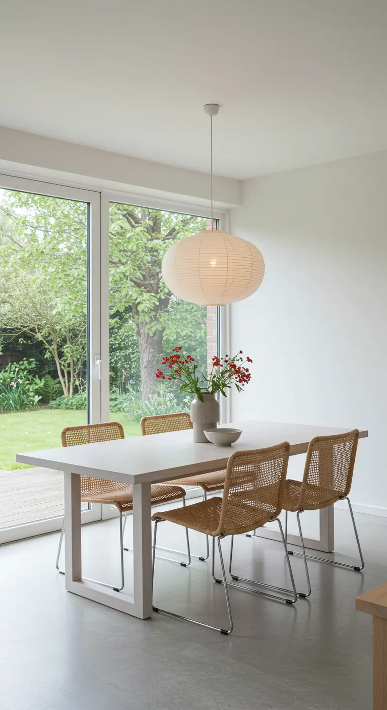 Modern dining room with a white table, woven cane chairs, and a large Japanese paper lantern.