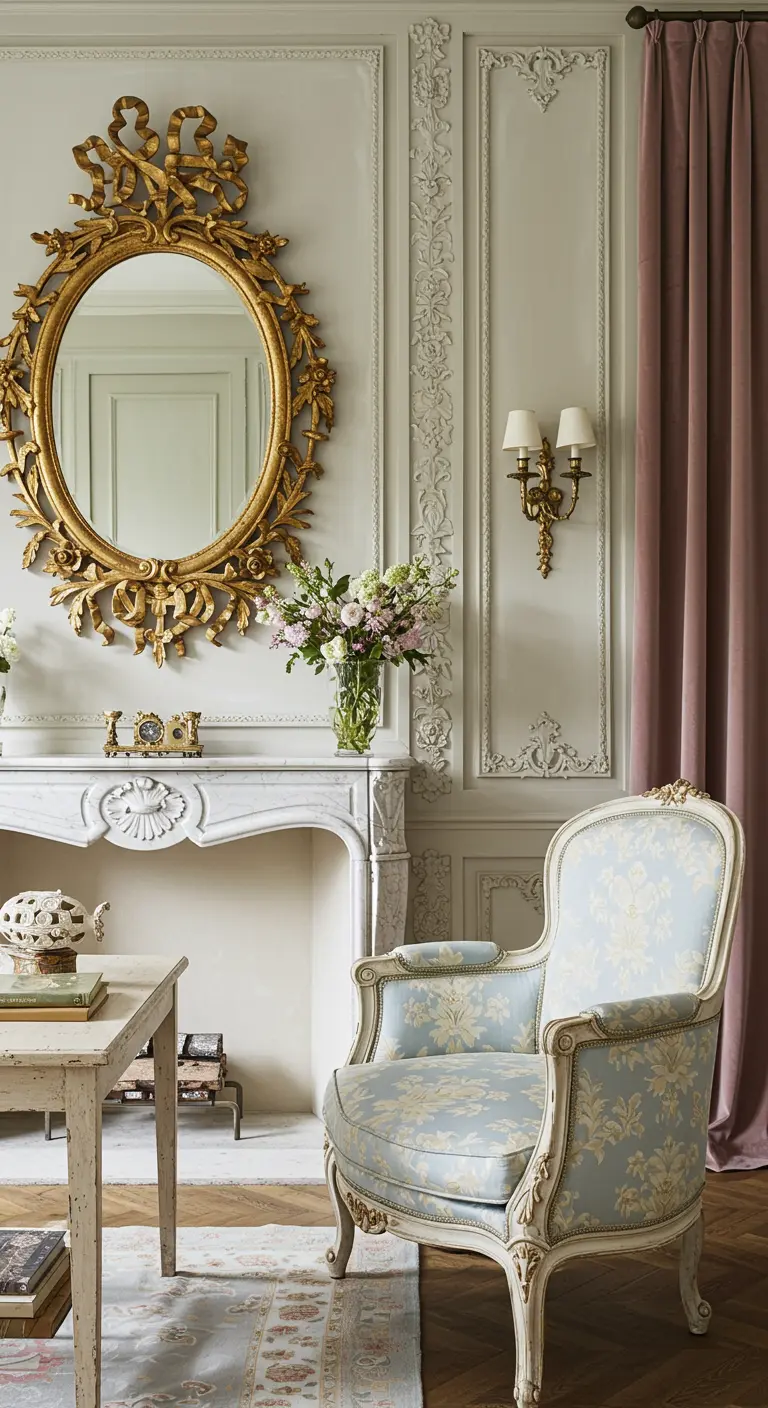 A gilt mirror hangs over a white marble mantelpiece in a room with pale walls and a blue chair.