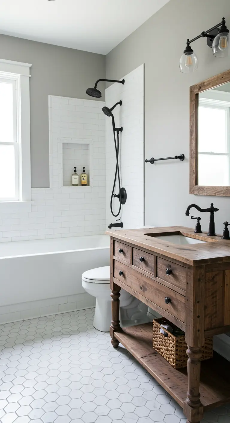 Rustic-chic bathroom with a reclaimed wood vanity, white subway tile, and white hex floor tiles.