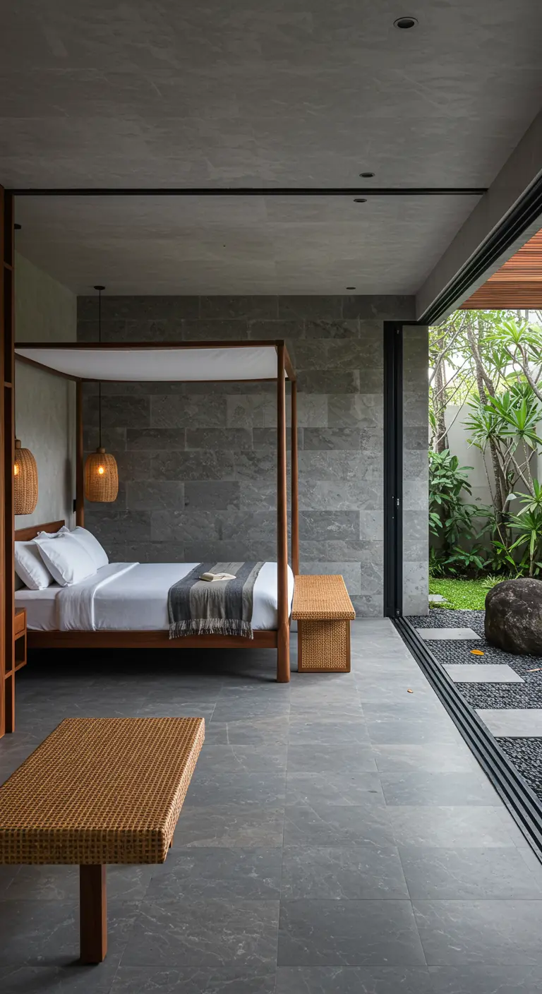 Minimalist bedroom with grey stone walls, a four-poster bed, and rattan benches.
