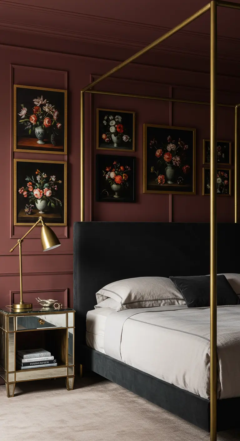 Dusty rose bedroom with a brass canopy bed and a gallery wall of floral paintings.