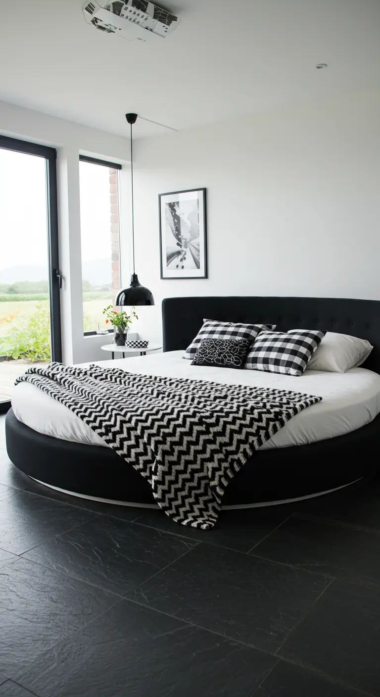 A modern bedroom with a large round bed dressed in black and white patterned textiles.