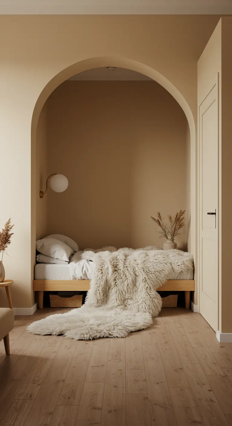 Cozy bed nook set within a smooth, painted archway.