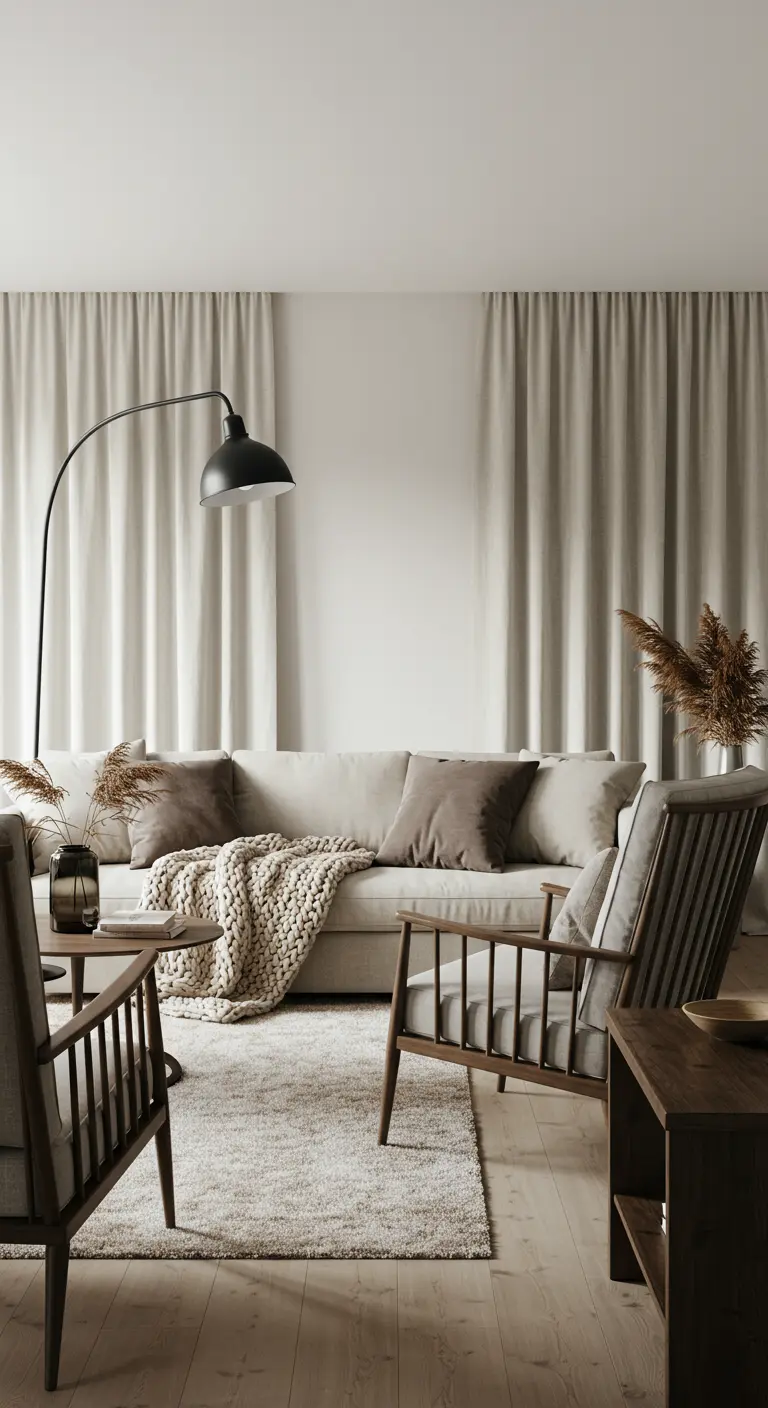 Living room with oatmeal-colored floor-to-ceiling curtains and a cozy knit throw on the sofa.