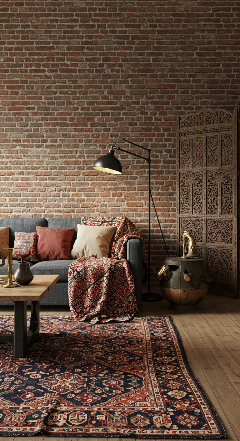 A sofa with layered, colorful textiles and a carved wood screen in front of a brick wall.