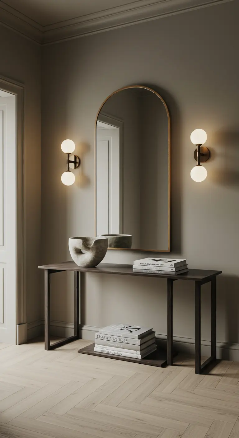Greige entryway with an arched mirror and twin globe sconces.