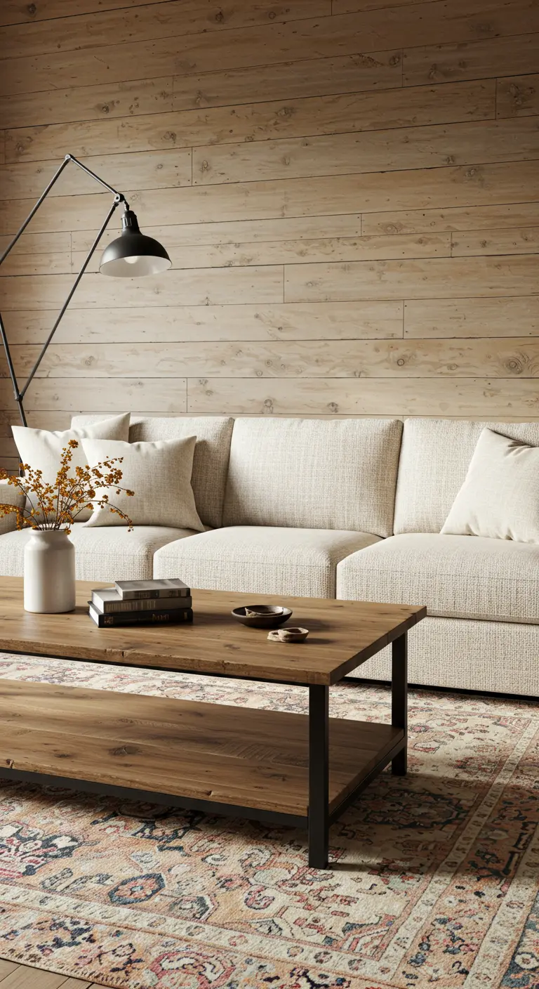 Living room with a light reclaimed wood accent wall, a cream sofa, and a patterned rug.