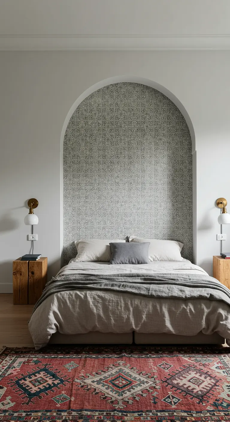 Bedroom with an arched niche behind the bed, filled with delicate gray and white patterned wallpaper.