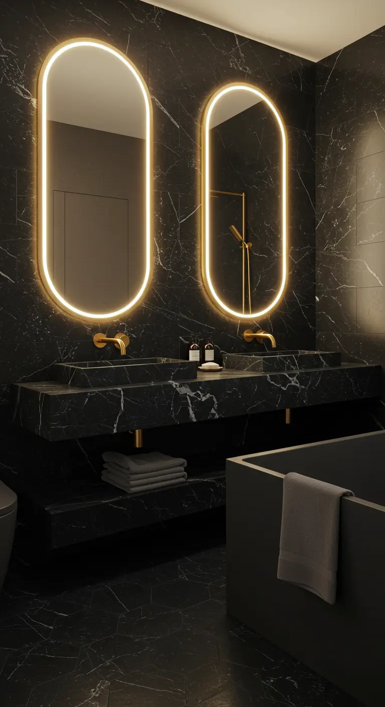Double vanity in a black marble bathroom with two backlit oval mirrors.