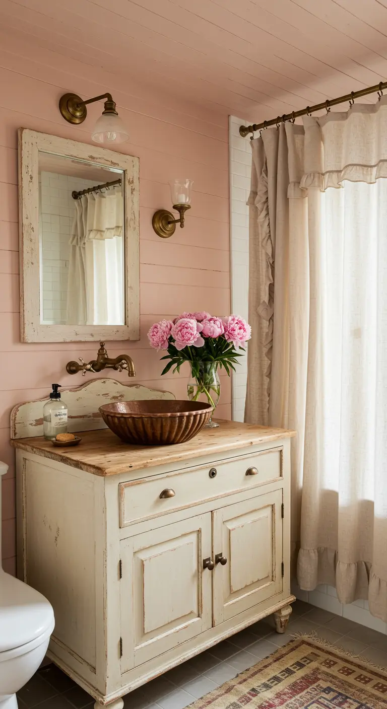 Farmhouse bathroom with pink shiplap walls and a distressed white vanity.