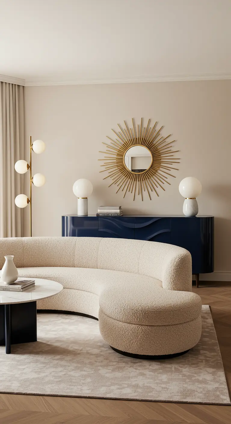 A modern living room with a curved bouclé sofa and a wavy dark blue lacquer console.
