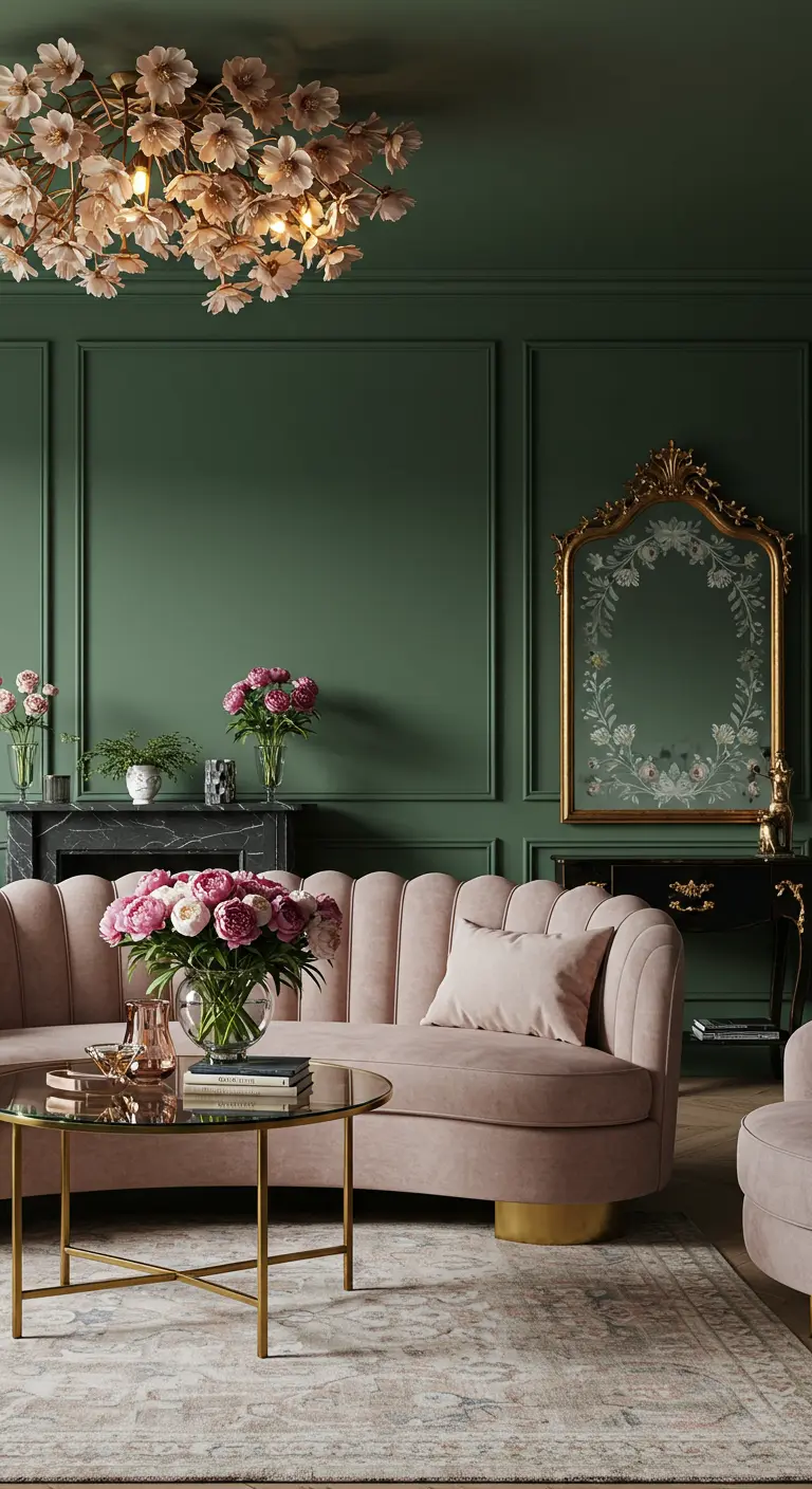 Feminine living room with green walls, a curved blush pink sofa, and a floral chandelier.