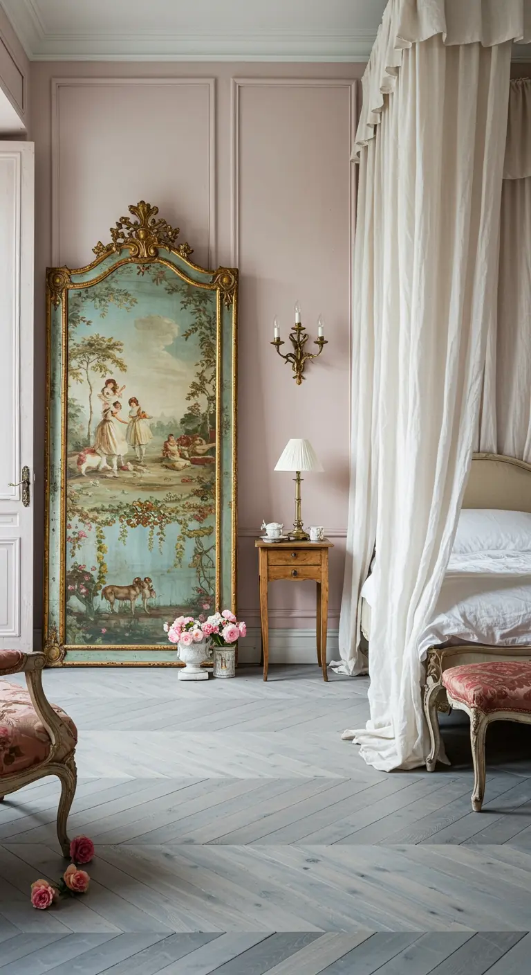 Romantic bedroom with a large pastoral tapestry, canopy bed, and soft pink walls.