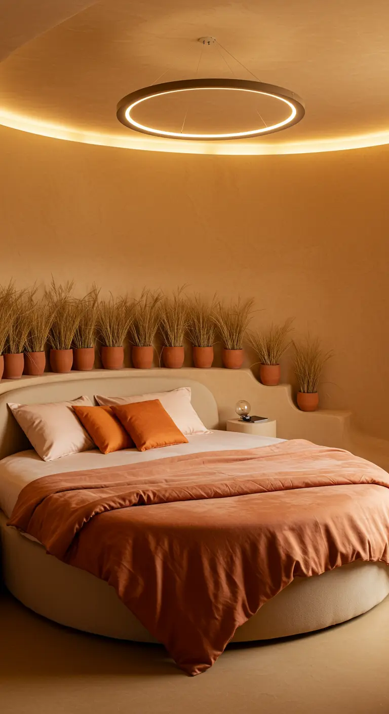 A modern bedroom with a round bed and warm, circular ceiling light.