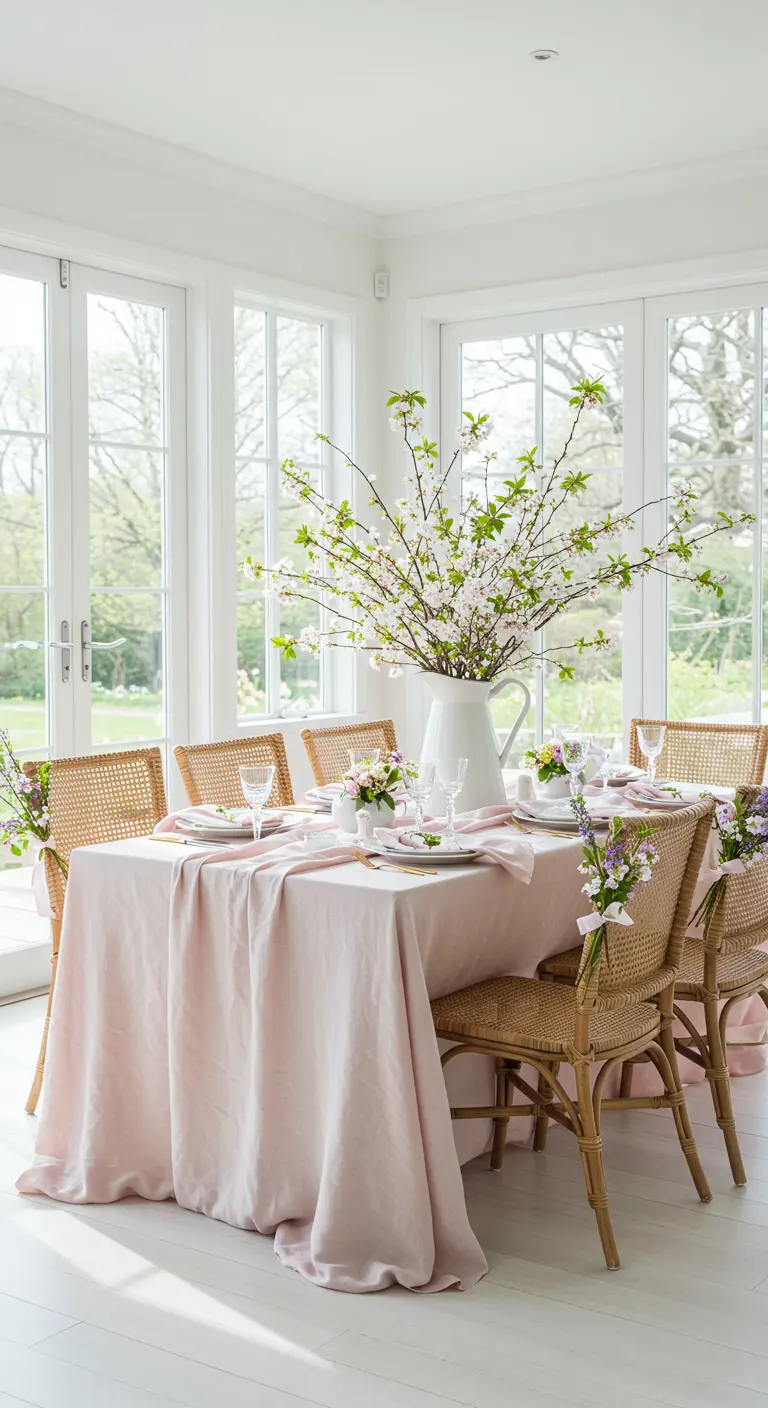 Dining table with a floor-length pink linen tablecloth, surrounded by cane chairs.