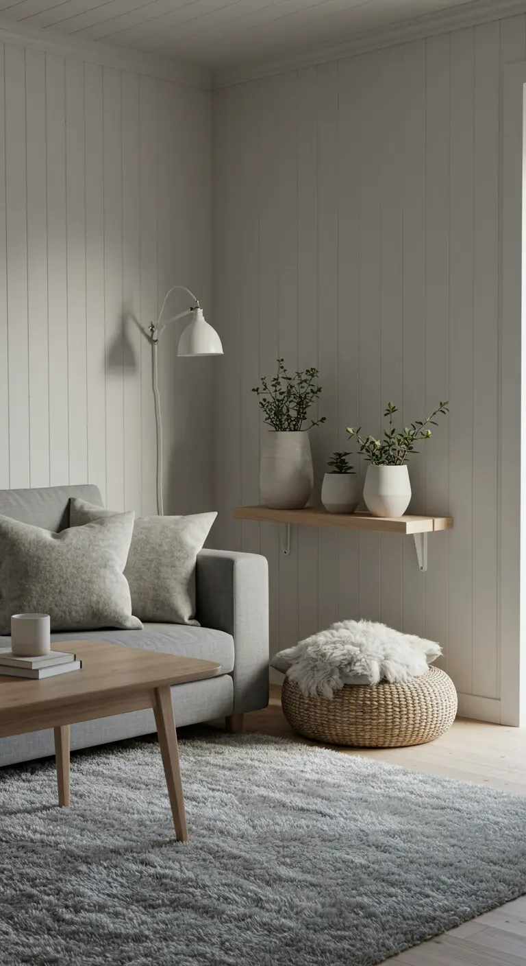 Light grey sofa and woven pouf in a room with vertical white wood paneling.