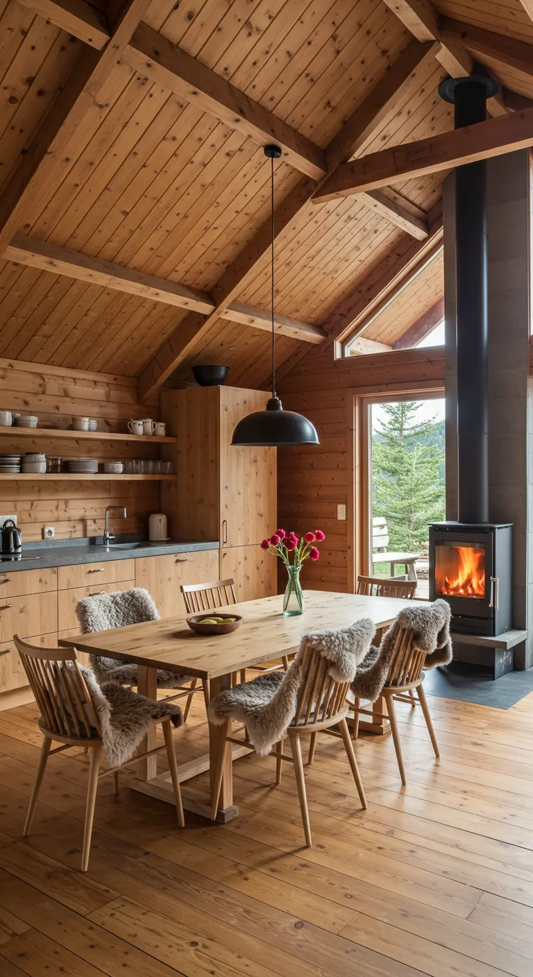 Wood-paneled dining room with sheepskin throws on chairs and a modern black stove.