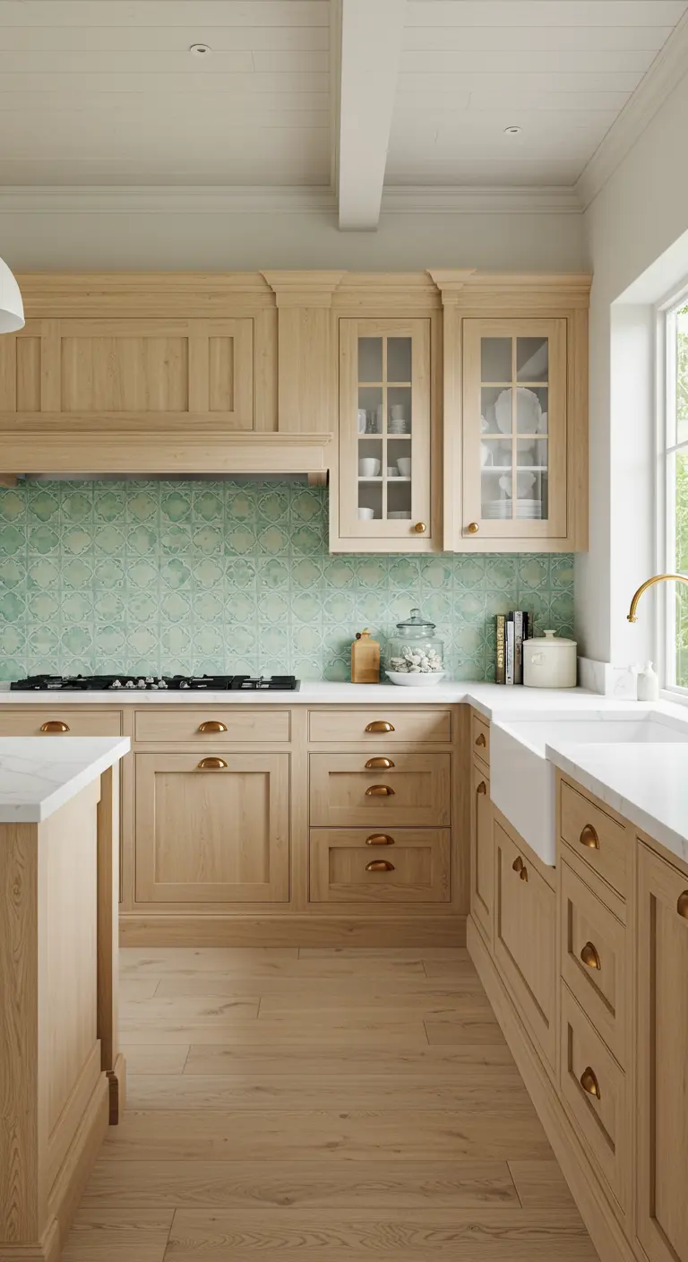 Kitchen with natural light oak cabinets and a serene pale green patterned tile backsplash.