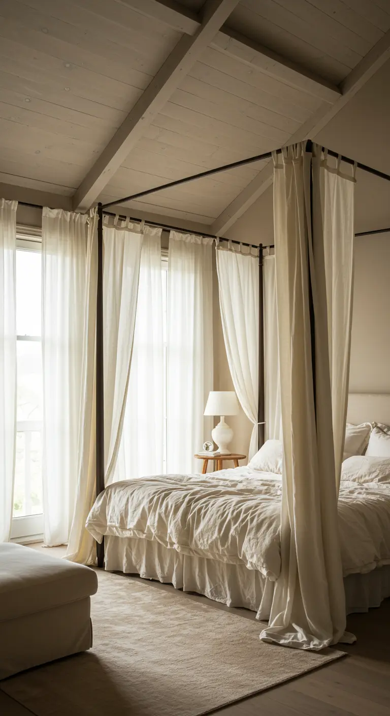 A four-poster bed draped with sheer white curtains, creating a romantic and soft look.