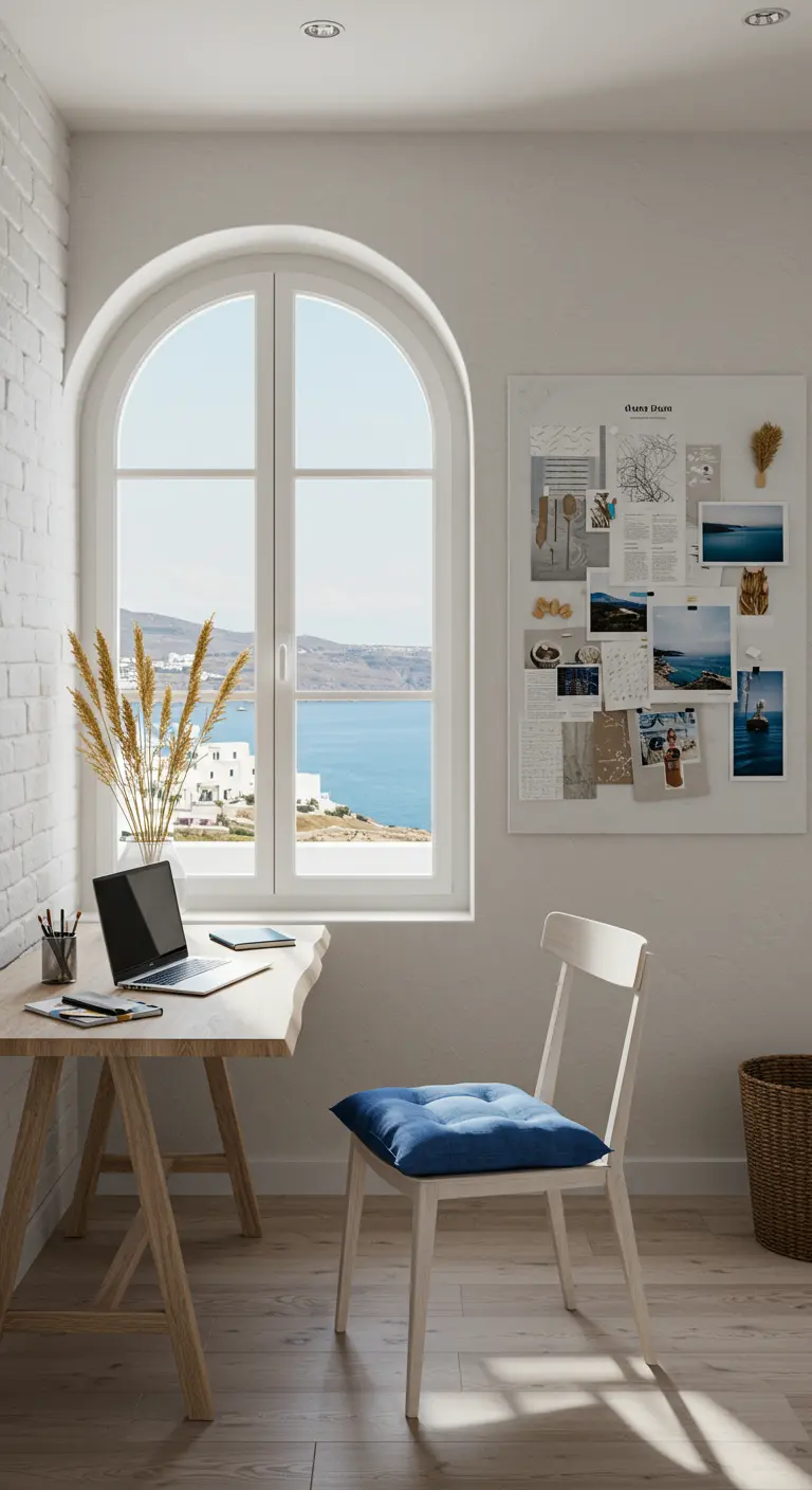 Home office with an arched window overlooking the sea and a live-edge desk.