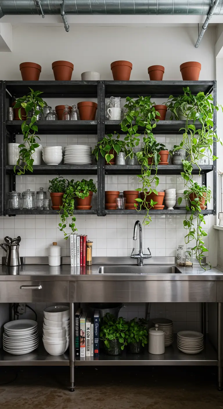 Industrial kitchen with stainless steel counters and black open shelving filled with plants.