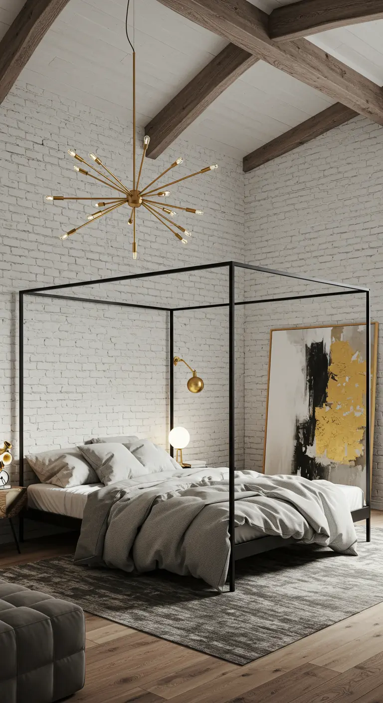 Black canopy bed in an industrial loft with a whitewashed brick wall and Sputnik chandelier.