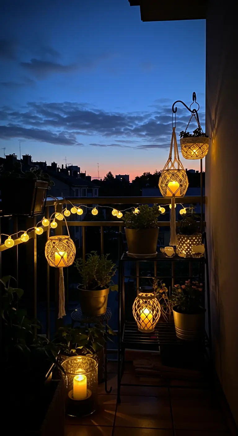 Balcony at night with a plant stand illuminated by solar lanterns.
