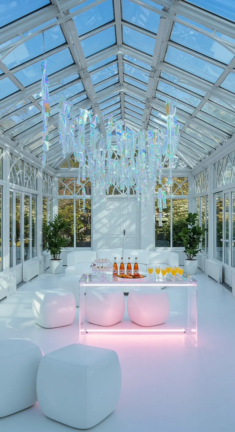 A bright white sunroom with a large, cascading iridescent chandelier as the centerpiece.