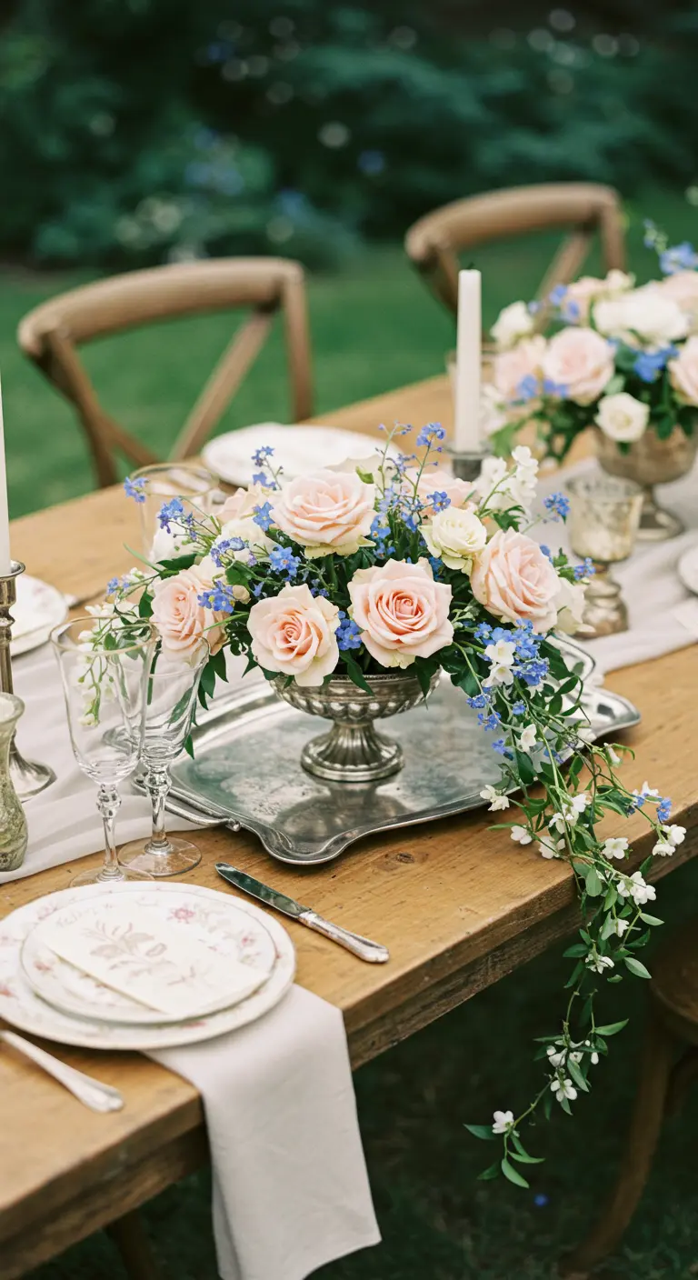 Silver tray holding a bowl of blush roses and blue flowers on a wooden table.