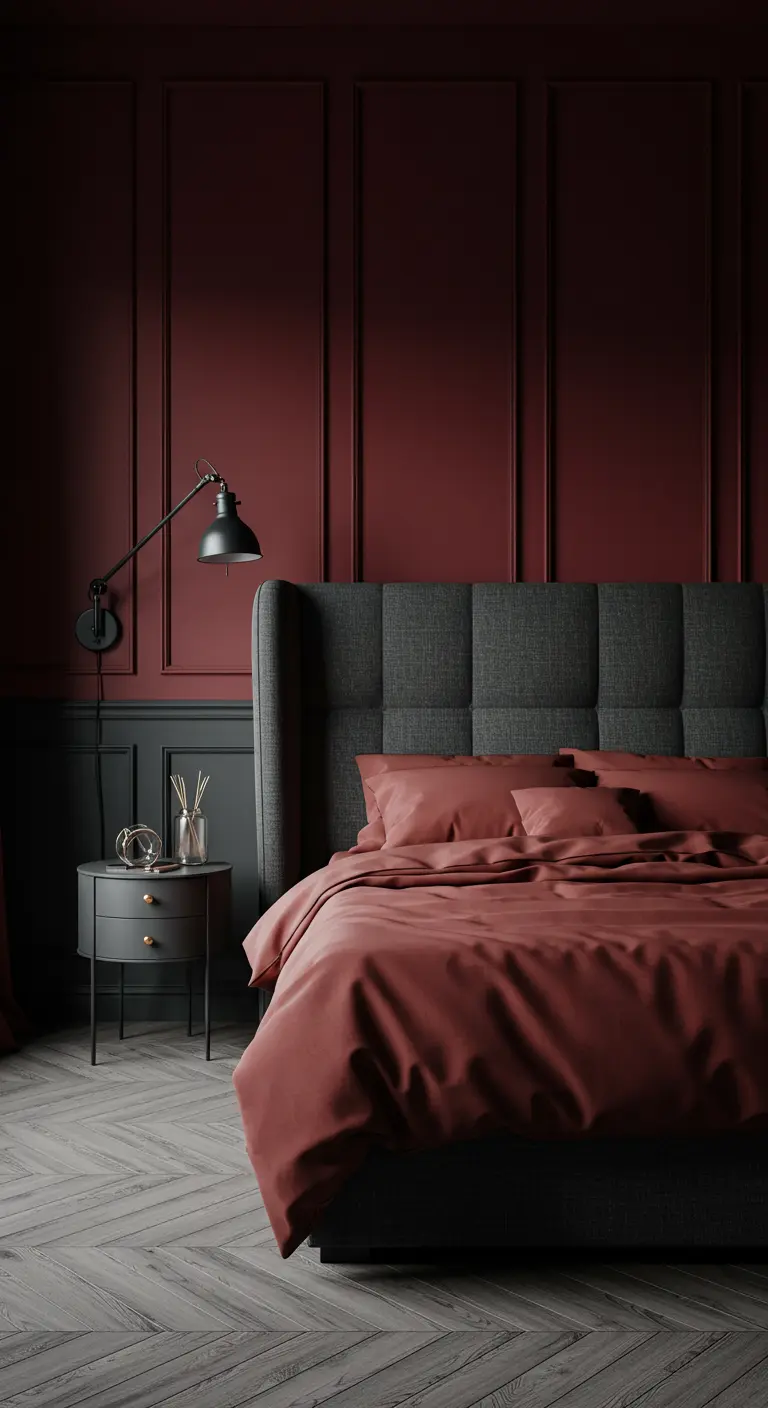 Moody bedroom with burgundy walls, a charcoal gray bed, and satin bedding.