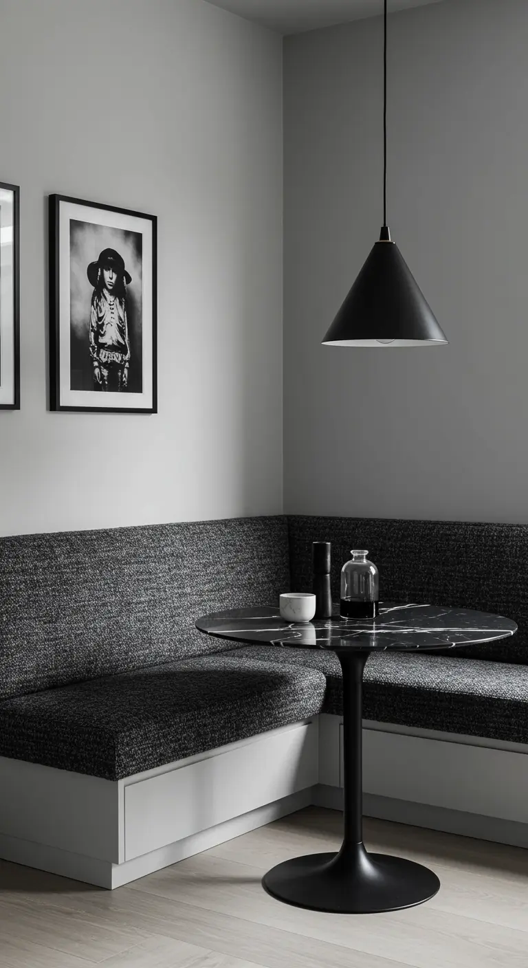 A monochromatic grey and black dining nook with a marble table and tweed banquette.