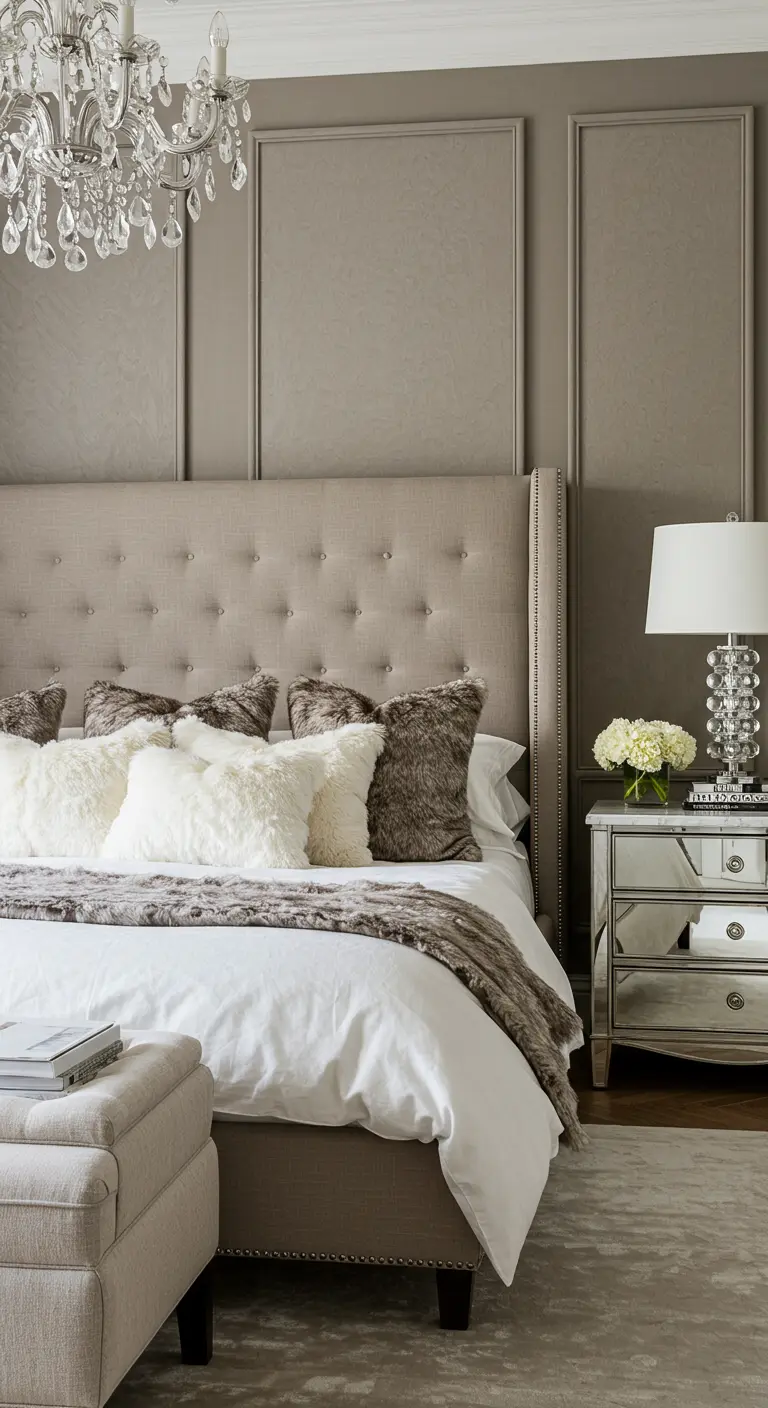 Neutral bedroom with a tufted headboard and layered faux fur pillows.