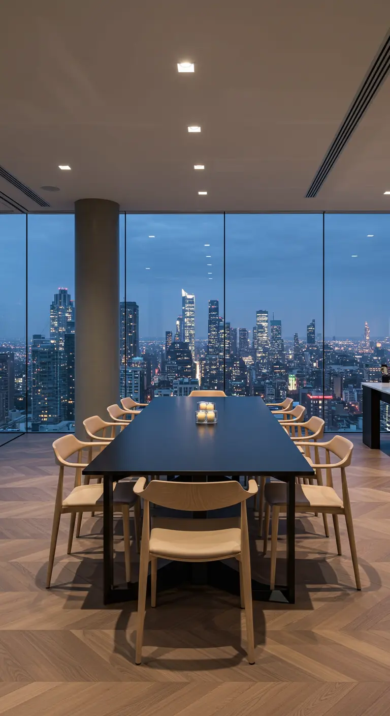 A modern dining room with a long black table and wood chairs overlooking a city at dusk.